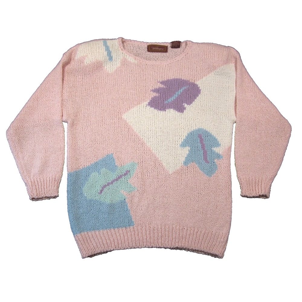 Vtg Worthington Pastel Sweater Womens L Pink Shoulder Pads 80s 90s Retro Funky